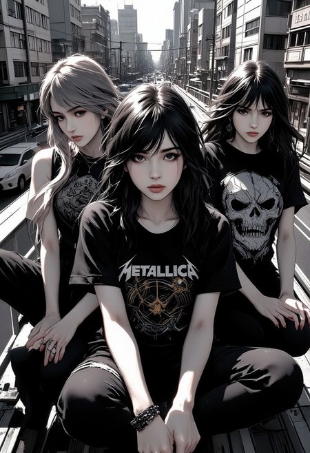Special Ink-drawing mode, Mh1$AgThS2, intricate linework with expressive contrasts, Japanese female idol group, 3 japanese women, each wearing different heavy metal "Metallica" t-shirts, streetwear, posing on a pedestrian bridge over a busy Tokyo cityscape, album photoshoot, directional lighting, moody poses