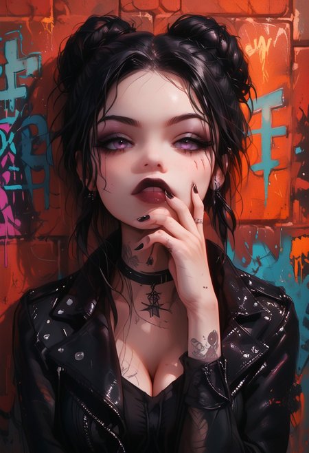 score_9, score_8_up, score_7_up, masterpiece, best quality, brick wall, graffiti green Chimpanzee face, colorful graffiti, dirty walkway BREAK, 1girl, goth, black leather pants, high boots, ornamented top, long messy and tied hair, hair bun, only black clothes, dark hair, big breasts, close jacket Break. possing, wallking, looking at the viewer, (hand on chin), fFaceDetail, g0thicPXL, glowing, neon, Graffiti