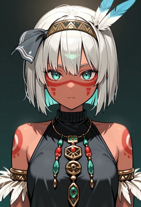masterpiece, best quality, 32k, high resolution, absurdres, asatsuki, 1girl, solo, jewelry, hairband, feather hair ornament, looking at viewer, bracelet, necklace, facepaint, bare shoulders