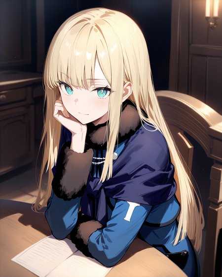 1girl,
ReinesElMelloiArchisorteFateGrandOrder,
sensitive, solo, upper body,
long hair, blonde hair, aqua eyes, beautiful eyes,
looking at viewer,
light smile,
hand on own cheek, table,
fur collar, blue capelet,
blue jacket,
long sleeves, fur-trimmed sleeves,
blue dress, 
sitting, chair,
medieval, room,
depth of field,
<lora:kp_ReinesElMelloiArchisorteFateGrandAnimagineXL_v1_0:1.0>,
masterpiece, high score, great score, absurdres
