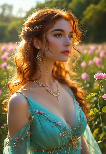 A graceful nymph with long, flowing hair the color of golden wheat, adorned with delicate flowers and leaves, cascading down her back. Her skin is a soft, sun-kissed gold, glowing with the warmth of the meadow. Her eyes are a deep, enchanting blue, filled with the mysteries of nature and the allure of ancient tales. Delicate, arched eyebrows frame her captivating gaze. Her nose is small and slightly upturned, adding to her charming appearance. Her lips are full and soft, the color of ripe berries, slightly parted as if whispering secrets of the meadow. Her slender shoulders are bare, revealing smooth, petal-like patterns that shimmer in the sunlight. Her chest is adorned with a necklace of polished river stones and wildflowers, highlighting her natural beauty. Her abdomen is lean and supple, leading to a slender waist. Her lower body is draped in a flowing, floral gown made of living vines, swaying gently with the breeze, revealing her lithe figure. She stands in a lush, vibrant meadow, surrounded by blooming flowers and the soft sounds of nature, the air filled with the scent of fresh grass and wildflowers. Sunlight casts a warm glow on her graceful features. Her eyes are open, gazing at the meadow with a sense of peace and harmony. A graceful nymph in a vibrant meadow.
(nymph, upper body, fully clothed)
<lora:add-detail-xl:1>