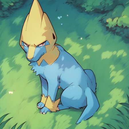 score_9, score_8_up, score_8, furry, Manectric, dog, blue/yellow fur, Pokemon (creature), cartoon style, 2d, feral, solo, sitting, looking at viewer, unamused expression, outside, on grass