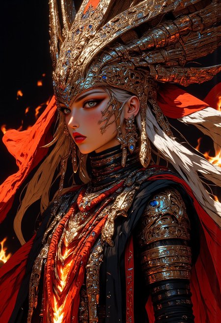 A hyper-realistic close-up illustration in retro 90s anime fashion featuring a woman with tanned skin, bold red lips, and a striking white hair that cascades around her face. She wears an intricate crown with exaggerated extensions, adding a surreal and regal touch to her appearance. Her face is marked with a horizontal Aztec tattoo, and multiple earrings adorn her ears, adding an edgy, tribal element. Her robe is decorated with ornate ornaments and chains, flowing in a surreal, asymmetrical design. The background is engulfed in fiery flames, partially obscuring her face, adding intensity to the scene. The fire creates dramatic lighting, casting sharp contrasts that highlight the intricate details of her crown, earrings, and robe, as well as the glowing accents in her attire. The lighting emphasizes the vivid red and gold tones of her look, while the fire’s glow adds an ethereal, cinematic atmosphere. Her intense gaze and confident stance, set against the fiery backdrop, convey a sense of fierce elegance and bold fashion, blending modernism with tribal influences. HD quality, R-ESRGAN 4x+, fine detail, cinematic lighting.