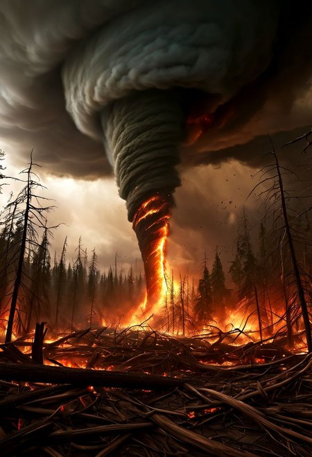 tornado over a burning forest with a tsunami coming, epic , masterpiece, dynamic, highly detailed