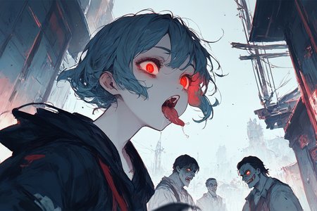 (score_8_up:1.6), (sanji dangan:0.8), <lora:sanji_dangan_style:0.85>
1girl, tongue out, saliva trail, red eyes, from side, glowing eyes, looking at side, zombie apocalypse, ruin city, sunset, wide shot, dynamic pose, blurry background, [people:zombie:0.6],