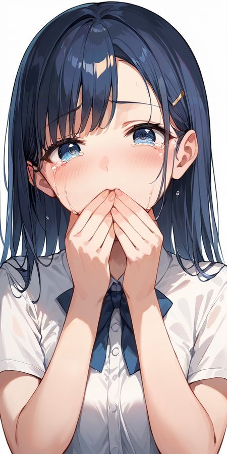 score_9, score_8_up, score_7_up,source_anime, high res image,masterpiece,best quality,break,
girl,cute face,clear skin,shiny hair,ultra detailed eyes,simple background, 
 <lora:hand over own mouth_pony_V1.0:0.7> hand over own mouth, covering own mouth <lora:tears_pony_V1.0:0.8> tears,crying