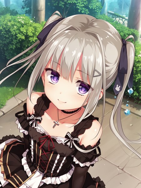 <lora:happy_tentacle-kuon-v0.2-000030:1>, ht_kuon, black dress, frilled dress, choker, black thighhighs, frilled thighhighs, garter straps, hair ribbon, hairclip, hair ornament, cross necklace , outdoors, 1girl, solo, upper body , , ( smile :1), , looking at viewer , , from above , score_9, score_8_up, score_7_up, score_6_up, score_5_up, score_4_up
