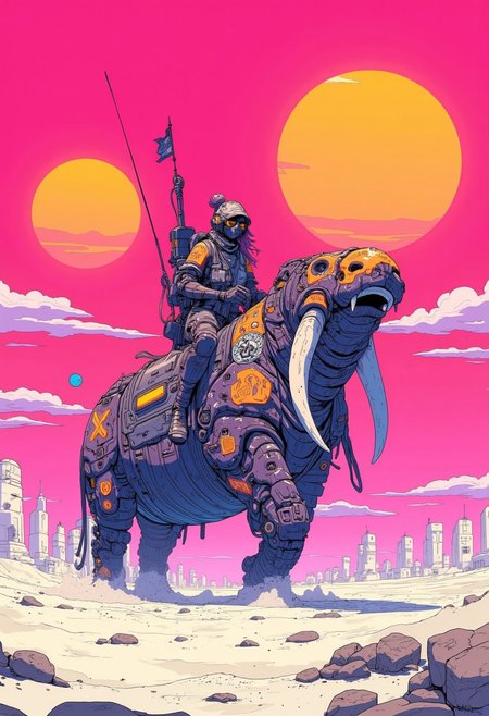 (best quality, masterpiece), anime, cyberpunk, a female ninja riding a mechanical walrus. neon pink and orange alien desert planet. distant ruins, white sands, multiple suns