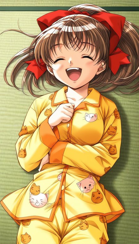 score_9, score_8_up, score_7_up, source_anime, rating_explicit, BREAK <lora:Sunohara_Suzuha_XL:1> Sunohara_Suzuha, brown hair, green eyes, red bow, hair bow, medium hair, ponytail, medium breasts,
1girl, solo, closed eyes, open mouth, smile, long sleeves, happy, Yellow pajamas, tatami, cat print,