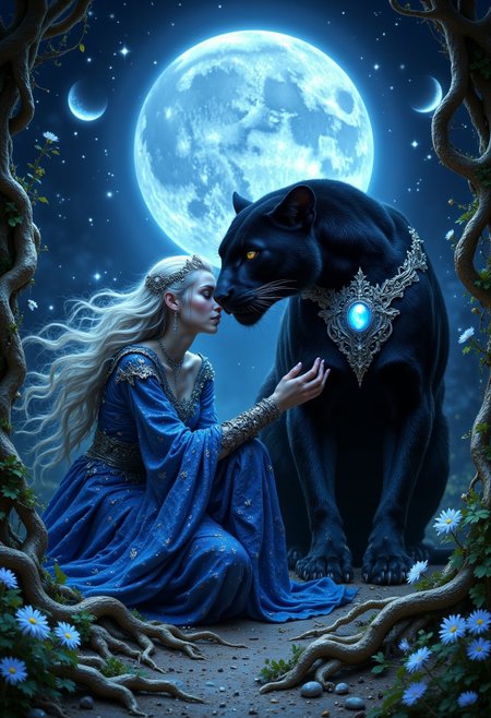 A mystical elven princess with flowing silver-white hair kneels beneath an ethereal full moon, cradling the face of a majestic black panther. Her sapphire-blue gown, embroidered with intricate silver filigree, shimmers in the moonlight, and delicate jewelry glows with arcane energy. The panther, adorned with an ornate silver breastplate embedded with a luminous gemstone, gazes into her eyes with fierce devotion. Twisted roots and ancient vines frame the scene, while pale celestial flowers bloom in the moonlit glade. The background features a vast, star-filled night sky with twin crescent moons, casting an enchanting glow. The atmosphere is serene yet powerful, filled with magic and lunar energy.