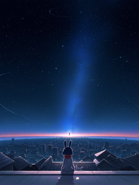 rimukoro,shino \(yaruki nai yatsu\),kabu usagi,terada tera, 1girl,sitting,rooftop,cityscape,scenery,sky,space,star (sky),starry sky,solo,solo focus,
,masterpiece,best quality,amazing quality,
