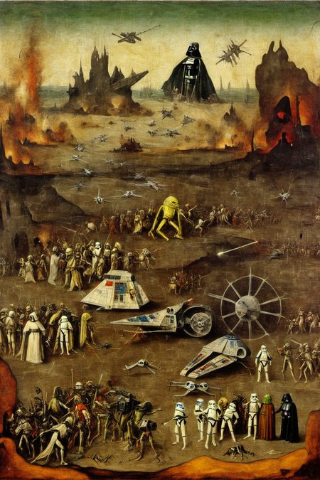 An antique painting depicting Star Wars scene, the Empire Strikes Back cahotic battle between the Imperial troops of the Galactic Empire and Rebels, (Cracked Paint Texture:1.1), Hieronymus Bosch Creature Style, Bosch_Creatures, 
Star Destroyer, AT-AT, AT-ST, many x-wing, r2-d2, C3-PO, Emperor, yoda
<lora:Hieronymus_Bosch_-_Godfather_of_Religious_Disturbism:1.0>