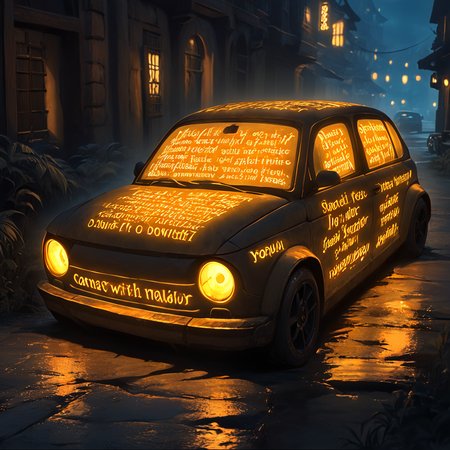 a car with glowing ancient text texture at night,masterpiece
 <lora:glowing_letters_xl:0.8>