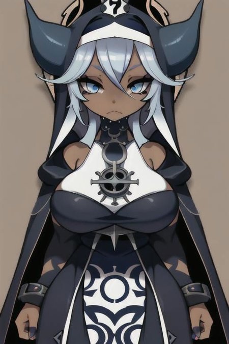 Devil, horns, body mods, huge breasts, thick thighs, muscular, ((dark tan skin)), white hair, ((navy hair streaks)), short spiky scene hair, slanted blue eyes,blue tribal cloud tattoos, non human, monster girl, bad ass, ((nun)), huge fluffy white scarf, (( hooded jumpsuit)), ((steampunk)), ((y2k aesthetic)), black, white, navy, light blue, 3d render, chibi, ((Kaeya Alberich inspired outfit)), poofy hair, eyeliner, emo, emo makeup, goth, wrench_genshin_style, chara-sheet