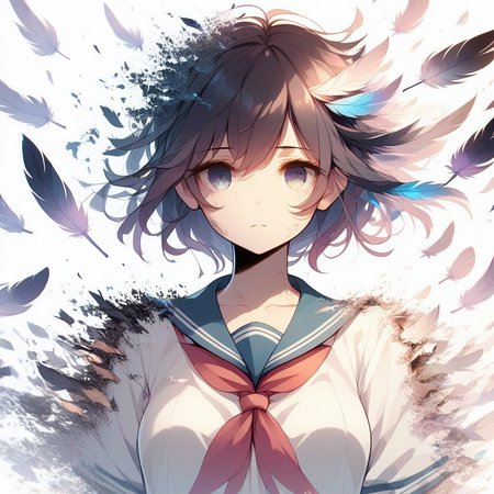 score_9, score_8_up, score_7_up, source anime, dissolving, disintegration, 1girl, solo, feathers, school uniform, looking at viewer, black hair, upper body, short hair, serafuku, blue eyes, neckerchief, sailor collar, closed mouth, white shirt, breasts, collarbone, shirt, short sleeves, white background, hair between eyes, red neckerchief, medium breasts, simple background, messy hair, expressionless, black eyes, blue sailor collar, <lora:dissolving-xl-pony-v2-000008:1.1>,