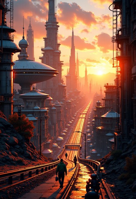 masterpiece, streetview of futuristic sc-fi city, towers, domes and skyscapers, sunset, rule of thirds, perfect lighting, sunset, HD32K, wallpaper, hyperdetailed, mythp0rt