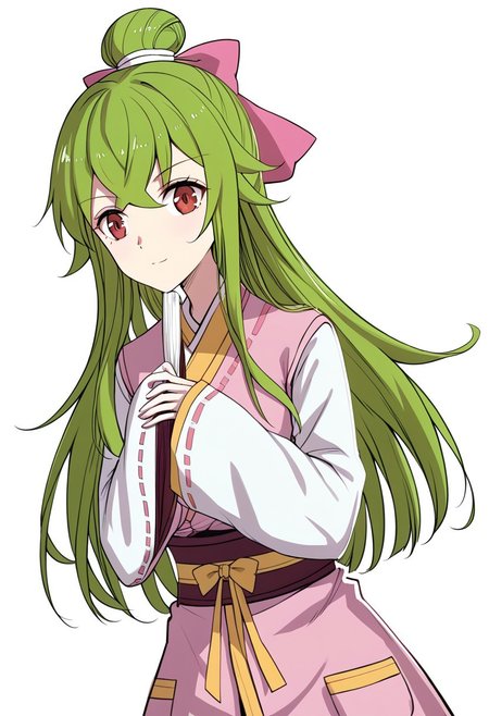 simple background, white background
BREAK
1girl, solo, 
苏晓,
brown eyes, 
long hair, green hair, hair bun, pink bow, 
pink robe, white sleeves, long sleeves
