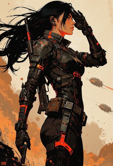 in the style of ck-mgs, nistyle, Inkplash art on rice paper, sepia, henna, Silhouette Art, magnificent, inksplash, closeup portrait, female bounty hunter, flowing black hair, reflective black and neon red armor, futuristic armor, a rifle strapped to her back, holstered pistol, holding hand up to block dust flying in her eyes, abstract background suggesting a harsh desert world, Spaceships flying overhead, dust storm, windy, 
Cowboy Shot, close up,
