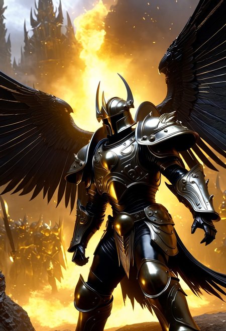 The watchers, black big metal wings on back, dressed in black and gold armour, metal helmet, , fighting the nephilim
, moody light, by H.R Giger, 4k resolution digital art trending on Artstation and unreal engine 5, hyperrealism, full body shot, glowing eyes, cinematic, epic, masterpiece, surreal, fantasycore, hyperdetailed, ultra realistic, octane render, volumetric lighting, depth of field, bokeh, 8 <lora:Details:0.85>