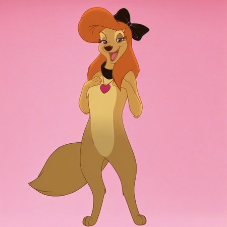 dixiedog, brown fur, black bow, hair bow, brown fur , orange hair , dog((bipedal))), anthro, fluffy fur, standing upright, looking directly at viewer, slightly mischievous, (pose:1.2), (((playing with hair))), large, expressive eyes, detailed paws, (((standing on two legs))),(((front view))), (((pampering self))), (((looking at viewer))), (((flirty))), (((eyelashes))), (((necklace with pink heart pendant))), solo, (((happy))), (((sweet))), (((smiling))), (((loving))), (((open mouth))), (((full body view))), (((half-open eyes))), detailed fur, detailed face, ((((((hands curled by chest)))))), directly facing viewer, brown eyes, (((((((solid pink background)))), no lighting, no shadows, flat colors, (((no shading)))