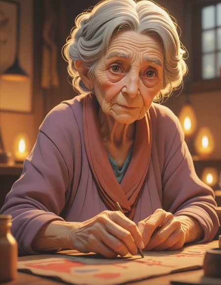 anime artwork 3d style old woman, with rugged hands that bear testament to a life well-lived, delicately paints on her canvas amidst warm lighting that highlights both her wrinkles and artistic talent. . anime style, key visual, vibrant, studio anime, highly detailed,