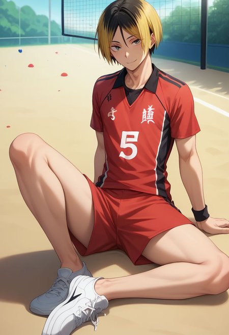 score_9, score_8_up, score_7_up, source_anime, highly detailed, kenma, 1boy, male focus, solo, blonde hair, sportswear, volleyball uniform, multicolored hair, shorts, two-tone hair, black hair, red shorts, slim, lying, sit, short height, smile, looking at viewer, outdoors, bare legs, white sneakers, masterpiece, best quality, best aesthetic,