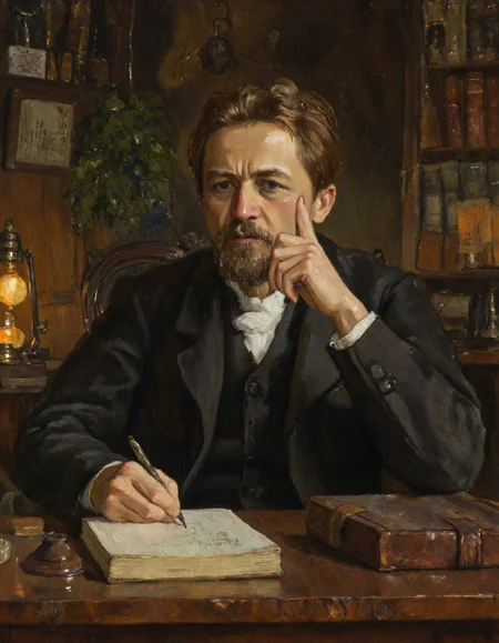 Rembrandt style <lora:Dark_Ghibli:0.6>, Portrait of Anton Pavlovich Chekhov â a masterpiece painting style. A realistic, highly detailed portrait of the famous Russian writer Anton Chekhov in his middle age, around 40 years old. He is sitting at a wooden desk in a dimly lit study filled with antique bookshelves, old manuscripts, and a burning oil lamp. His expression is thoughtful and melancholic, reflecting deep intellect and literary genius. He is dressed in a classic 19th-century dark suit with a white shirt and cravat. The background should be warm and moody, with rich browns, deep greens, and golden shadows to emphasize the atmosphere of late 19th-century Russia. Use dramatic chiaroscuro lighting to highlight his face and hands resting on a notebook and pen. Style inspired by the great realist painters like Ilya Repin or William Bouguereau â precise details, emotional depth, and historical authenticity., <lora:Ð§ÐÐ¥ÐÐ:1> . Baroque, chiaroscuro, realistic, emotional, "flat lighting