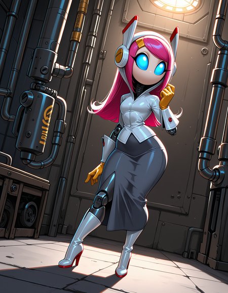 masterpiece, best quality, amazing quality, very detailed, newest, no humans, solo, WnKrbSs, pink hair, blue eyes, colored sclera, pale skin, (floating hands, floating head), white shirt, headband, hood, gray skirt, yellow gloves, 1girl, anthro, secretary, steampunk, machinery, (robot girl, hyper realistic, shiny body, mechanical body, mechanical joints, machine, led eyes, glowing eyes, realistic background), photo, 4k, 8k, absurdres, digital painting, full body, long skirt, white boots, high heels boots, standing, shortstack, (solo), hand up, feet apart, (dynamic pose, dynamic angle), (rim lighting, colored lighting, sci-fi, dramatic lighting), <lora:ba1328b4-66eb-4282-9436-0028ccf88215:0.8>