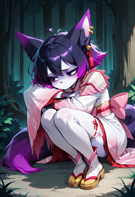 (Cute)  cat girl,sad) bruise, anti, scared 
 pale_skin  (cat nose) 
Messy hair, black_hair, fox_tail 
Piercings, Short Hair, Gradient Hair, purple hair, Furry, Tail, Black hair, Female, Cat Ears, Goth, Solo, White skin, Shiny
(little)
 Retro, Cartoon
lilandavastyle, Expressive, (score_9, score_8_up, score_7_up), 1girl, solo,
Good quality 720p
Detailed 
mizutsune armor
tamamitsune
mizutsune armor, white detached sleeves, white thighhighs, white wataboushi, yellow sandals, white kimono