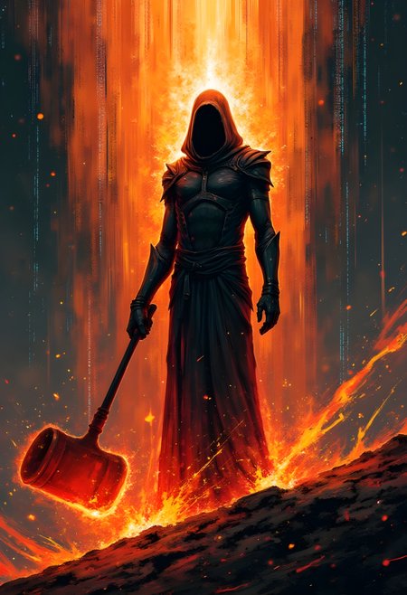 cinna flow, A figure from a realm beyond comprehension rips through the veil of time, wielding a large hammer of shifting flames, against a stark, astral planes background. This nightmarish ghost, has an intense, burning presence. A Matrix-like digital environment is present with burning cinders and cascading codes in shades of orange, and subtle white and blue glitch effects. The art has a tilted fantasy and surrealistic quality and utilizes elements of Abstract Expressionism and extremely beautiful dark undertones. It has intricate details and a minimalistic composition, aiming for a masterpiece of best quality, and has a very dramatic and intimidating pose. The figure stares directly at the viewer, in the style of Greg Simkins and Gerald Brom.
