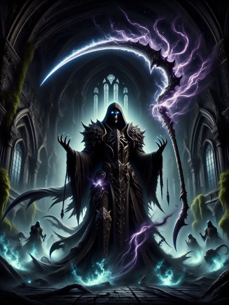 an atmospheric classical painting, dark night, full body view from a low angle, a towering undead knight holds a legendary war scythe, the blade describing a semicircle over his head, he is cloaked in an intricately decorated, ornate robe embroidered with occult symbols and arcane sigils, the imposing robe billows slightly around him, under the robe, he wears gleaming, ornate steel plate armor, including plate gloves and bootsâancient artifacts from a long-gone era, decorative spiked chains hang loosely from his robe, his hollow eyes burn with an unnatural blue glow beneath a shadowy hood, casting a faint glow on his skull, the blade of the scythe is engulfed in eldritch purple to blue flames that lick and twist through the air, casting surreal light and dancing shadows onto the cobblestone floor below, the knight's posture is rigid and powerful, the background consists of a castle's grand hall with towering gothic arches and arched windows with stained glass, the gothic architecture looms above, its vastness stretching upward into darkness, ominous shadows creep along the walls and arches, adding depth and tension to the scene, the primary light source comes from the eldritch flames engulfing his scythe and the knight's unnaturally burning eyes, the environment looks ancient and ominous, with crumbling stone walls overgrown with dark green moss and otherworldly bioluminescent leafy vines glowing faintly with cyan light, a very low-angle perspective looks up at the skeletal knight, emphasizing his intimidating size and power, perfectly symmetrical architecture, intricate details, detailed skeletal head wearing a hood, detailed background, dark corners, veil, darkness, death, cyan and purple flames, crackling eldritch magic, <lora:style-veil_of_darkness-flux-by_donmischo:0.56> <lora:style-necromancers_lair-flux-by_donmischo:0.48> <lora:scythe-flux-by_hailoknight:0.8> <lora:image_enhancer-flux-by_dever:0.92>