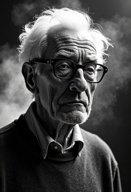 A highly detailed, black-and-white, silhouette, closeup, professional photo portrait of a old man with wrinkles and white hair. He has tanned skin and sad eyes framed by big glasses. His hair is short and white. He wears an elegant sweater. The background is pitch black, with smoke behind the woman, creating a dramatic contrast with hia tanned skin and white hair, drawing the viewerâs focus entirely onto her. The lighting, hitting only one side of his face, is hard in chiaroscuro style, giving depth to her features and an air of mystery. The overall style blends gothic and fantasy influences, with a strong emphasis on realism and a refined sense of elegance and enigma.