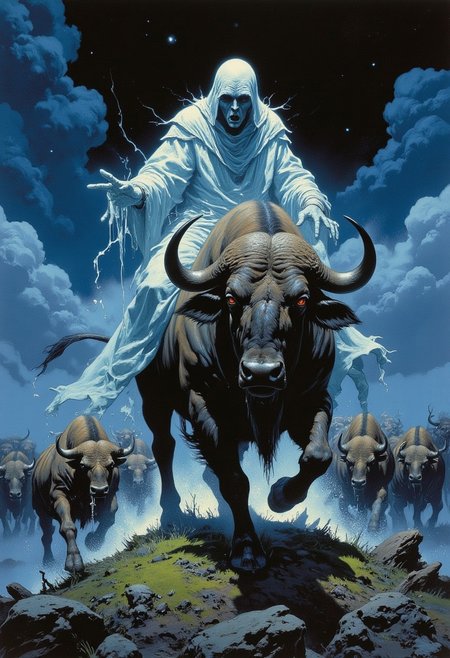 Comic book style 8k high quality digital painting , masterpiece, very detailed, ultra realistic, (best quality) very detailed epic masterpiece, sice view, a ghostly transparent specter of a Native American, Indian, is riding on a big buffalo, the buffalo is very anxious, saliva on its snout, many othe buffalos running in the background stampede, dramatic sky, night, scary scene, action, scary, best quality, epic scene,  Dungeons and dragons atmosphere, heroic fantasy, fna_style, Comic book style