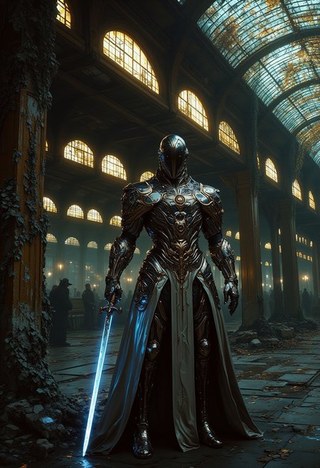 A breathtaking graffitipunk art-nouveau dark fantasy scene. A decayed, neon-lit train station looms in the background, its arched windows etched with elegant, glowing vines. In the foreground, a lone swordsman stands, their blade pulsing with a dim blue glow. The figure’s attire is a fusion of cybernetic armor and flowing art-nouveau robes, adorned with intricate patterns of gold and silver circuitry. The atmosphere is suffused with tension, as flickering lights cast haunting shadows, blending urban decay with an air of mystical enchantment