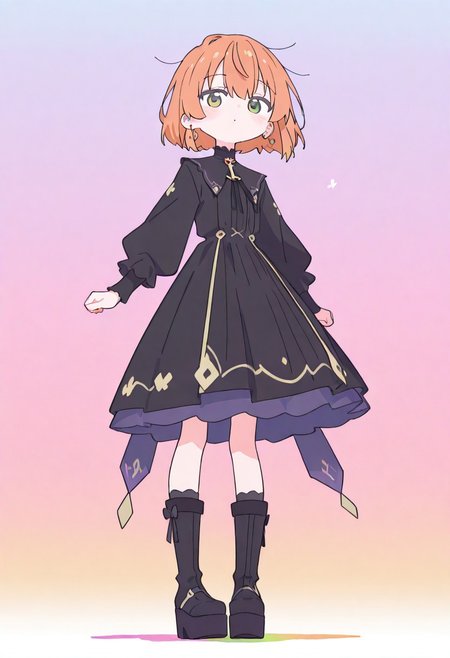 masterpiece,best quality, newest, Smooth, very awa, very aesthetic, flat colors,
Colorful themes, High Saturation, haiz_ai, orenji,
<lora:ponyv6_noobE11_2_adamW-000017:0.9> <lora:MeMaXL4:0.8> <lora:veluflora-wai:0.35> <lora:haiz_ai_illu:0.7>, allegro, orenji, haiz_ai,
1girl, petite, solo, cute, kawaii, orange hair, bob cut, green eyes, fair skin, messy hair,
narrow waist, dress, white and black dress, black boots, goth fashion, platform highleg boots, looking forward, gradient background,