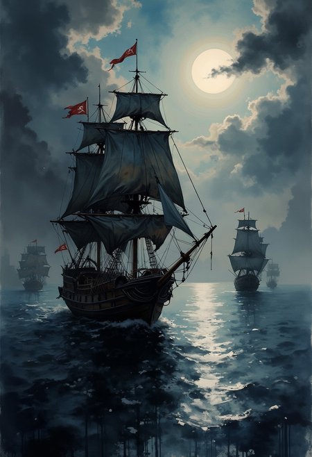 A dinkfsn style ink wash painting, pirate galleons on the open ocean, fR FROM LAND, silhouetted at night, dim moonlight, chiascuro