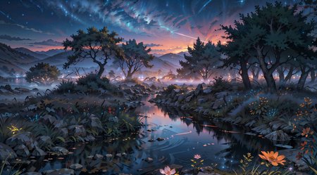 By Tomek Setowski,by Brian miller,ethereal glow. Generate an enchanting and surreal depiction of a world locked in perpetual twilight. Picture a captivating landscape where the boundaries between day and night blur into an everlasting twilight. The sky should be a mesmerizing blend of deep blues and soft purples,with a faint,ethereal glow on the horizon. Show a mystical terrain,featuring delicate,bioluminescent flora and fauna that illuminate the landscape with gentle,otherworldly radiance. Let the scene emanate a sense of tranquility,mystery,and a touch of magic. Focus on intricate details and realism to create an image that transports viewers to this captivating twilight,<lora:Detailed_Places_R-128_v1:0.7>,no humans,scenery,