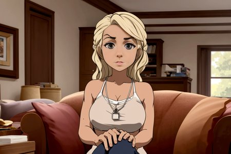 a Italians 36 years old woman Blonde 360 Waves, sitting in a couch in the living room, well draw eyes and eye pupil , EdobBoondocksArtStyle  <lora:EdobBoondocksArtStyle_v1.0:0.8>
