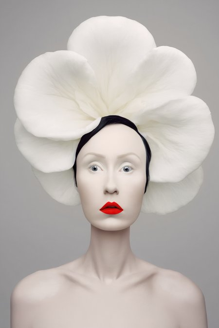 <lora:Photographer Flora Borsi Style:1>Photographer Flora Borsi Style - a woman with a large white flower on her head and a red lipstick on her lips