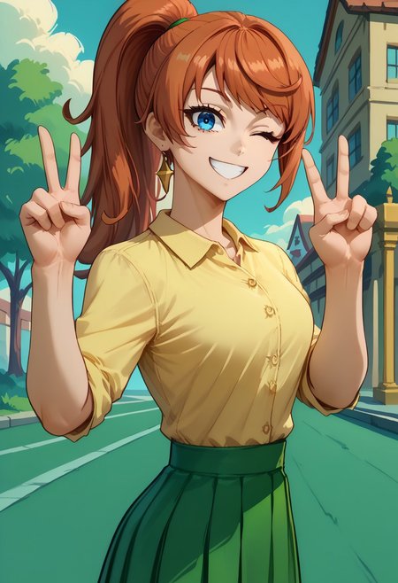 solo, 1girl, anna_taktop, red hair, ponytail, blue eyes, absurdres, 4kres, score_7_and_higher, masterpiece, high quality, good eyes, good hands, yellow shirt, green skirt, smile, tounge out, wink,  outside, looking at viewer, peace sign, side view, high quality, freebos_smoothiestyle,