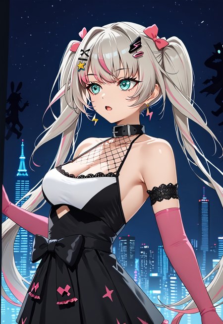 safe_pos, 1girl, solo, solo focus, highres, absurdres, Lia1st, hair ornament, twintails, multicolored hair, silver hair, pink hair, streaked hair, bangs, aqua eyes, earrings, hairclip, star hair ornament, very long hair, hair bow,

bare shoulders, collar, cleavage, fishnets, gloves, collarbone, pink gloves, elbow gloves, black skirt,

looking to the side, ((from side)), open mouth,
 
cityscape, neon lights,, night, night sky, backlighting, silhouette,