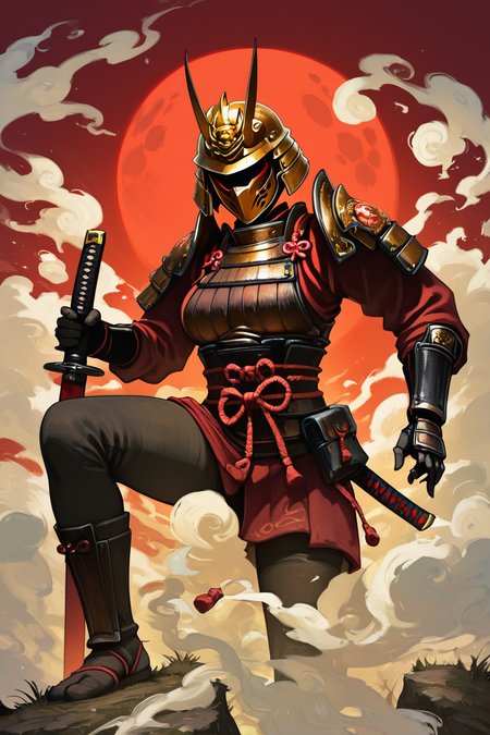 score_9, score_8_up, score_8, medium breasts, (curvy), cute, eyelashes,           BREAK, , BREAK,     solo,1boy, holding, weapon, male  focus,sword, holding  weapon,armor, glowing, holding  sword,moon, katana, helmet, shoulder  armor,gauntlets, sheath, full  moon,glint, japanese  armor,unsheathing, red  moon,samurai, drawing  sword,kabuto  (helmet)   <lora:AnatoFinnstarkStyle_PDXL:1.0>,      embedding:zPDXL, Expressiveh, <lora:SDXLFaeTastic2400:0.5>,  <lora:Expressive_H-000001:0.4>,