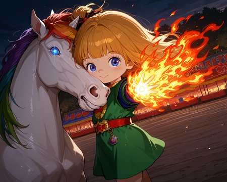 IllusP0s, PonyScores7, source_anime, ah1, IllustriousQual, interesting, exciting, spectacular, wonderful,
BREAK (Dutch Angle, (from side), focus on head),
BREAK 1girl, <lora:Rainbow Brite Illustrious 1:0.6>, Rainbow Brite, Starlight, A white horse with a rainbow mane, <lora:shinyskin2:0.2>, glistening skin,
BREAK  (blonde hair), long hair, <lora:hairdetailpxl:0.2>, hairdetailpxl,
BREAK (blue eyes), <lora:expressive eyes:0.2>, expressive eyes, <lora:eyedetailpxl:0.2>, eyedetailpxl, <lora:Eyes_High_Definition:0.2>, EyesHD,
BREAK ((6 9)), <lora:Expressive_H:0.2>, Expressiveh, <lora:Emotional_Anime_Expressions_PonyXL_Concept:0.2>, emotional, <lora:Best_Facial_Expression_LoRA_PONY:0.2>, looking at viewer, <lora:Detailed expressive EXEV style -XL Pony V1.0:0.2>, FaceDetail,
BREAK ((A woman touches a rune-engraved pendant, and a burst of fire erupts from the pendant, engulfing a target in flames)),
BREAK (Sour Apple Green Satin wrap dress),
BREAK (((Festival Ground, Festive atmosphere music colorful crowds))),
BREAK <lora:xl_more_art-full_v1:0.2>, <lora:aesthetic_anime_v1s:0.2>, <lora:EpicF4nta5yXL:0.2>, <lora:detailxl:0.2>, detailxl, <lora:Fant5yP0ny:0.2>, best quality, amazing quality, best aesthetic, absurdres, illustration, Volumetric_Lighting, ultra-detailed, very aesthetic, intricate details, 8k, masterpiece, best_quality
BREAK Stable_Yogis_PDXL_Positives, AS-Adult, <lora:Complicated fantasy portrait - XL Pony V2.0:0.2>, bad-hands-5, <lora:HDA_Detailer:0.3>,