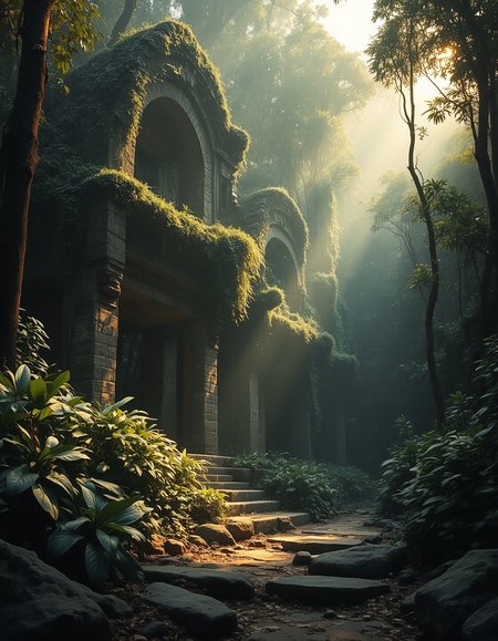 Imagine an image of an ancient ruin deep in the jungle, overgrown with vines and illuminated by golden sunlight breaking through the canopy.