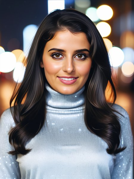 a photo of a pretty 30-year-old woman, desi, professional portrait photo,high neck Silver turtleneck sweater, flowing black hair and bangs, smiling, soft lighting, solo, night time, city bokeh lights  <lora:Desi_Coffee_V30_SDXL_LoRA:1>