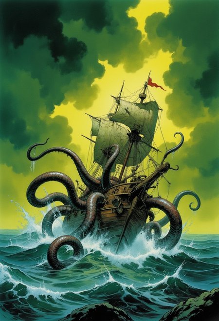 Comic book style 8k high quality digital painting , masterpiece, very detailed, ultra realistic, (best quality) very detailed epic masterpiece, a sailing ship on a stormy ocean is being attacked by a giant kraken emerging from the water, tentacles winding around the ship, big waves, dramatic dark green yellow sky, action, scary, best quality, epic scene,  Dungeons and dragons atmosphere, heroic fantasy, fna_style, Comic book style