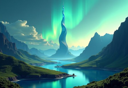 Planet Xylophia-IV, a stunning celestial body known for its breathtaking landscapes, making it an attractive destination for human colonization and terraforming efforts in the late 22nd century.
Soft, serene sky with blues gradating into vibrant, electric turquoise towards the horizon; delicate, swirling patterns of iridescent green and gold dance across the upper atmosphere.
A tranquil, crystal-clear lake reflects the aurora's ethereal dance, its surface dotted with lotus-like, bioluminescent flora that pulse in harmony with the planet's natural energy; undulating, emerald-green hills rise gently, covered in a lush, alien vegetation that shimmers with a subtle, rainbow hue; the rugged, sapphire-blue mountain range stretches across the horizon, its peaks hiding ancient, alien ruins and mysterious energy sources.
The center object is a majestic, spiral-shaped skyscraper, that pierces the sky, its surface adorned with a latticework of neon-lit futuristic accents; the spire serves as New Eden's heart, housing the colony's administration, a renowned intergalactic research center, and a luxurious, zero-gravity hotel.
As the dual suns dip below the horizon, New Eden transforms with a warm, golden lighting scheme, accentuating the futuristic elements and casting a magical glow across the landscape.
Panoramic shot from a elevated vantage point, capturing the entirety of New Eden, the lake, and the majestic distant mountain ridge.
Hd, uhd, ultra-detailed, high resolution, 4k.