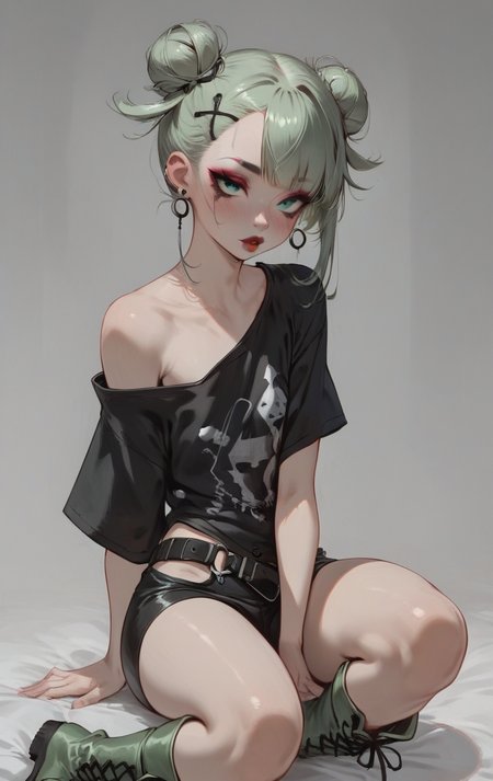 score_9, score_8_up, score_7_up, 1girl, aqua eyes, pale skin, puffy lips, makeup, eye contact, hairclip, light green hair, very short hair, hair up, double bun, hair flaps, asymmetrical bangs, long bangs,  x hair ornament, dark red lips, red eyeshadow, mascara, eyeliner,  stud earrings, piercing, blush, flat chest, black t-shirt, oversized shirt, oversized clothes, open shoulders, no sleeves, dark gray leggings, leather belt, green boots, leather boots <lora:easynegative:1> <lora:Expressive_H:1> <lora:Concept Art Eclipse Style LoRA_Pony XL v6:1> <lora:ph1lt0m4t0XLP:0.4> ph1lt0m4t0 <lora:OldAnimeStyle_XL_v3:0.4> <lora:princess_xl_v2:0.3>