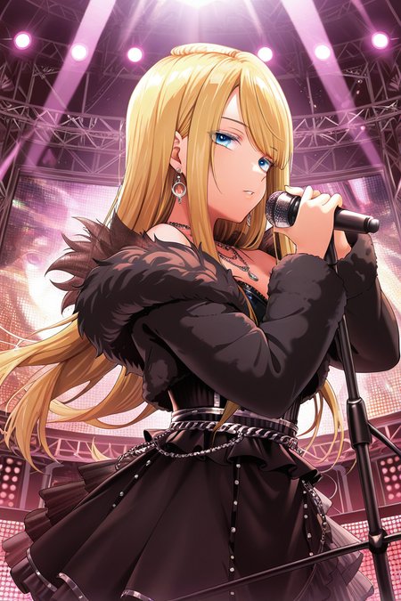 masterpiece, best quality, amazing quality,
 <lora:Neo_IL:1> neo, 1girl, solo, microphone, long hair, blonde hair, blue eyes, jewelry, dress, looking at viewer, holding microphone, holding, necklace, black dress, earrings, bangs, fur trim, parted lips, swept bangs, microphone stand, stage outfit