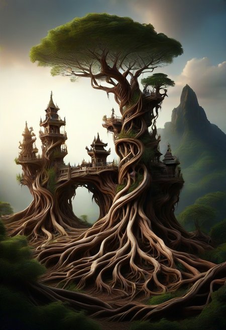 (masterpiece, detailed:1.2), best quality, Tree root tower, beautiful intricate tower, morph-treeroots